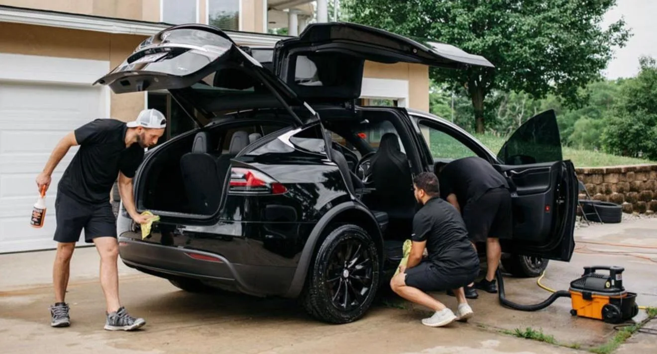 Equipo de detailing móvil trabajando